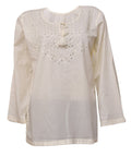 Women’s Free Size Shirt – White Cotton Blend with White Embroidery, Round Neck One-Sided Cut, Full Sleeves