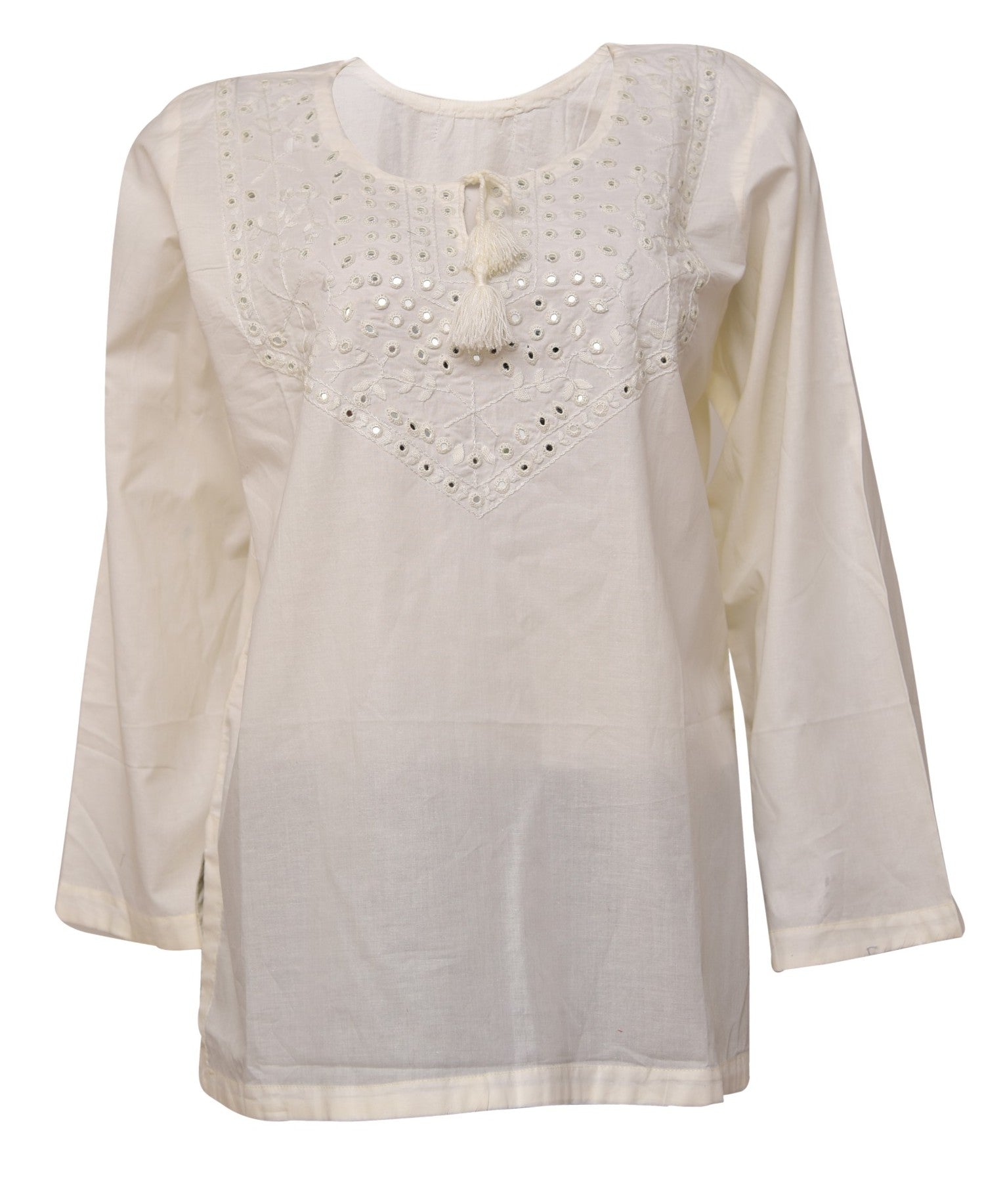 Women’s Free Size Shirt – White Cotton Blend with White Embroidery, Round Neck One-Sided Cut, Full Sleeves