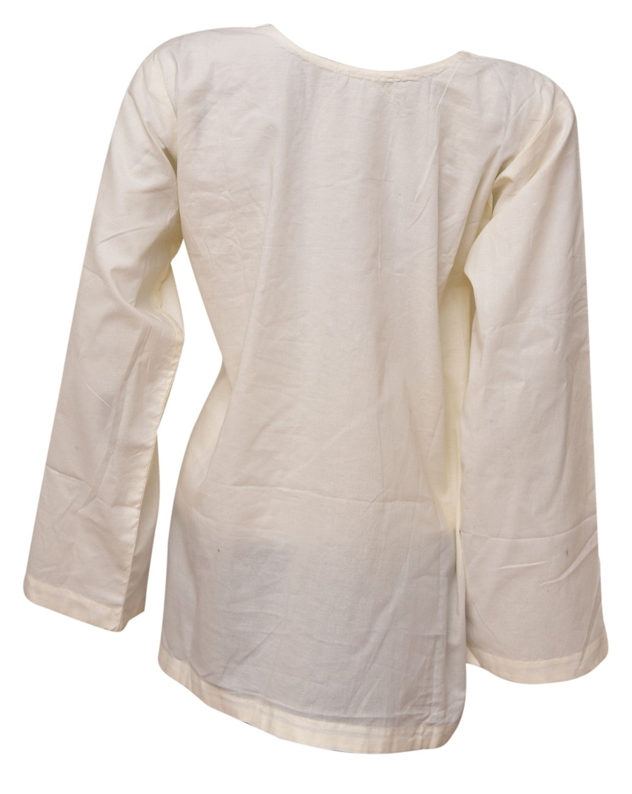 Women’s Free Size Shirt – White Cotton Blend with White Embroidery, Round Neck One-Sided Cut, Full Sleeves