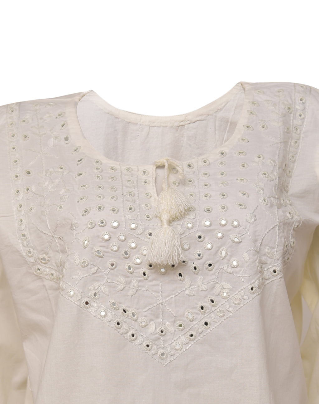 Women’s Free Size Shirt – White Cotton Blend with White Embroidery, Round Neck One-Sided Cut, Full Sleeves