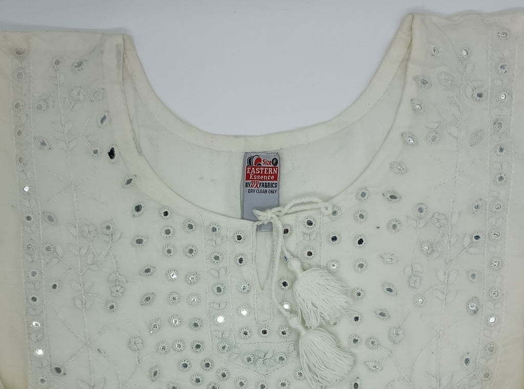 Women’s Free Size Shirt – White Cotton Blend with White Embroidery, Round Neck One-Sided Cut, Full Sleeves