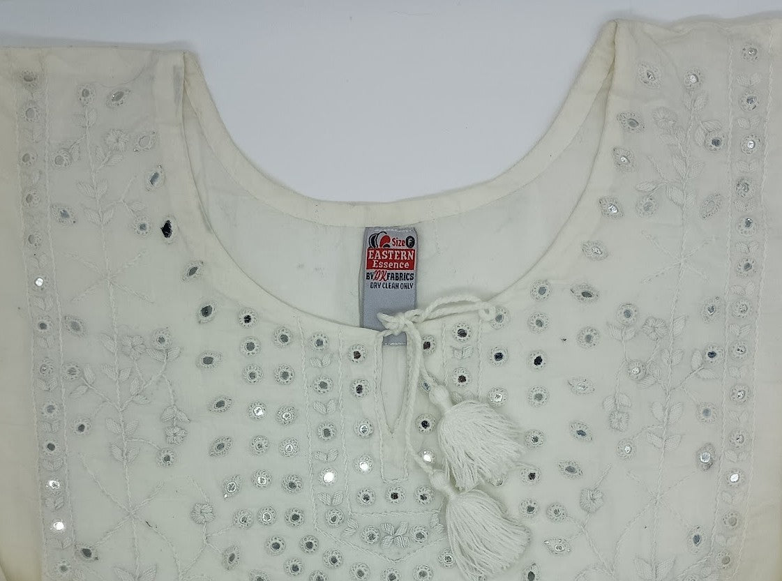 Women’s Free Size Shirt – White Cotton Blend with White Embroidery, Round Neck One-Sided Cut, Full Sleeves